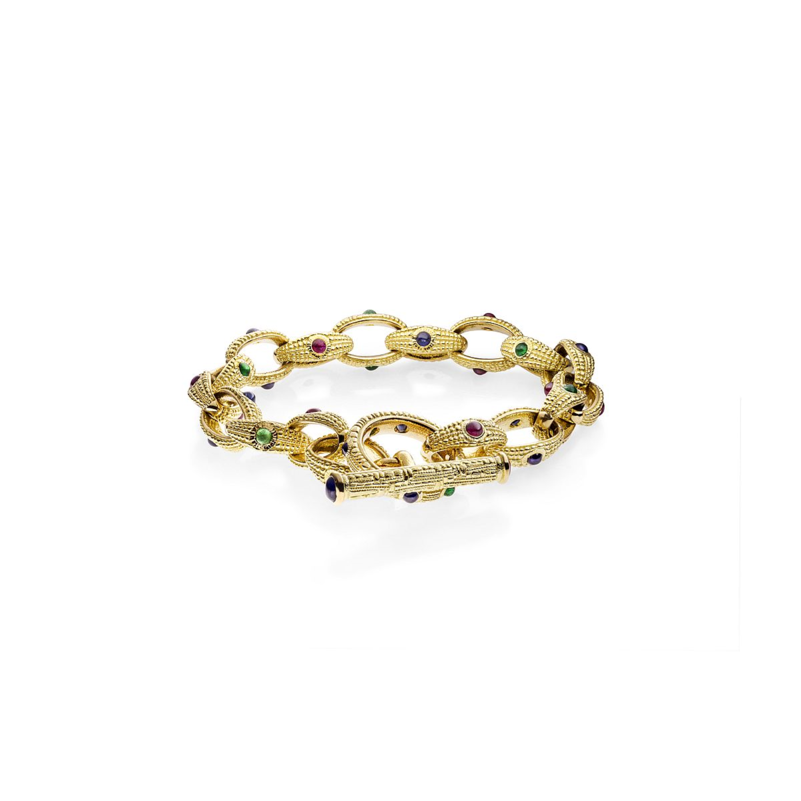 Yellow Gold Ruby Sapphire and Emerald Cabochon Toggle Bracelet
