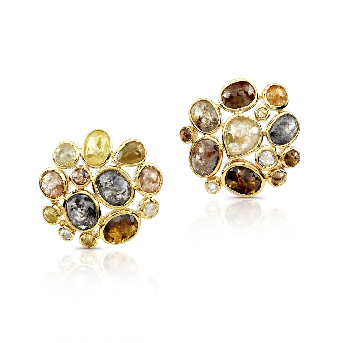 Gold and Mixed Color Diamond Cluster Stud Earrings