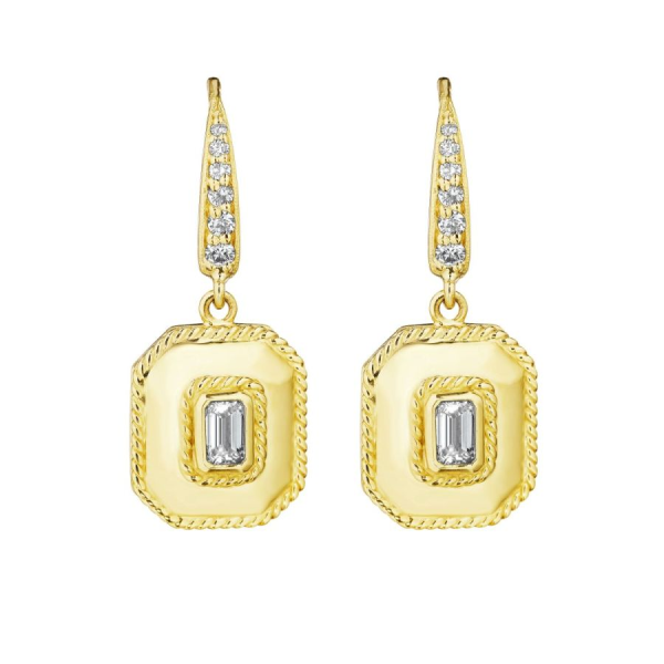 Gold and Diamond Emerald Shape Drop Earrings