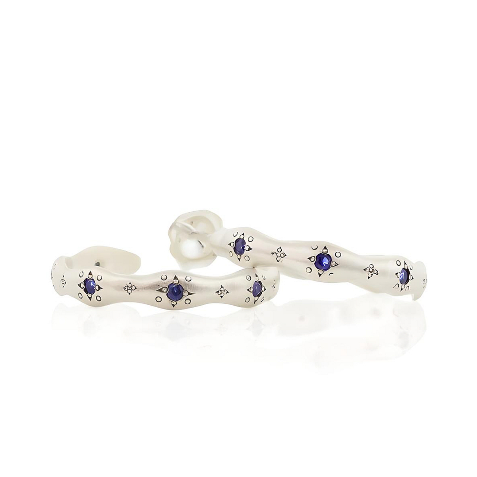 Sterling Silver and Sapphire Wavy Engraved Hoop Earrings