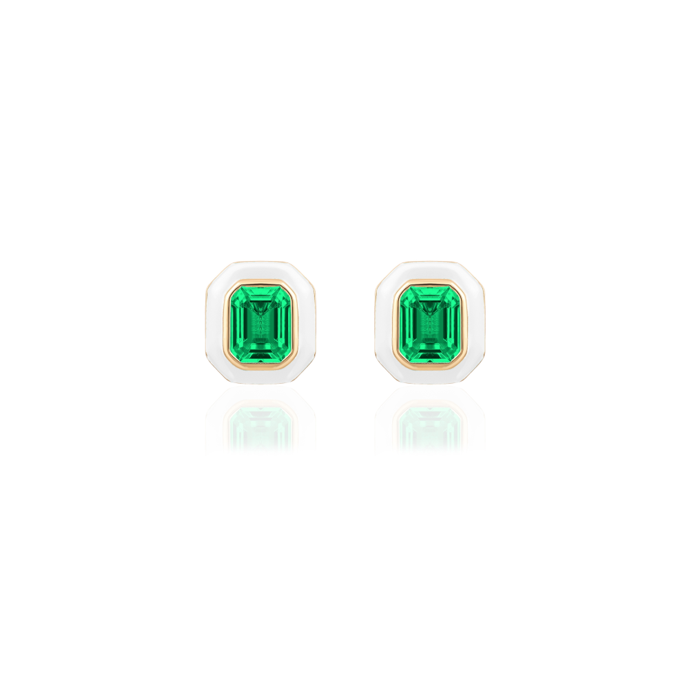 Yellow Gold and Emerald White Enamel Earrings