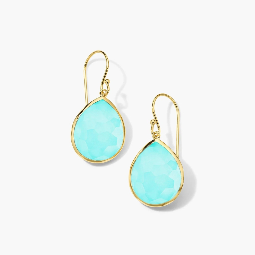 Yellow Gold Rutilated Quartz and Turquoise Teardrop Earrings