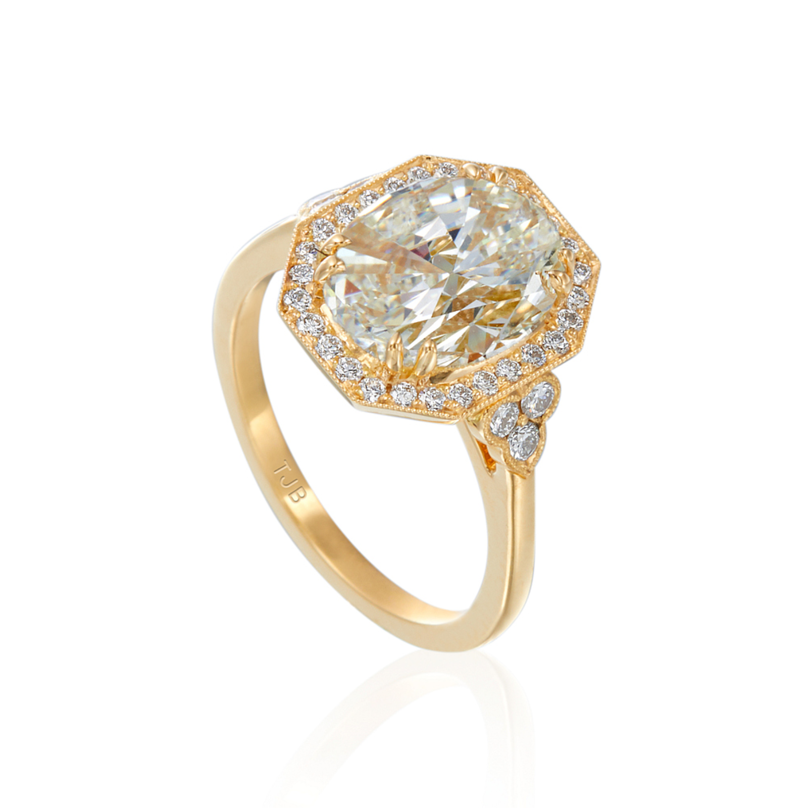Roslyn Collection Yellow Gold Octagonal Halo and Trefoil Diamond Sides Engagement Mounting