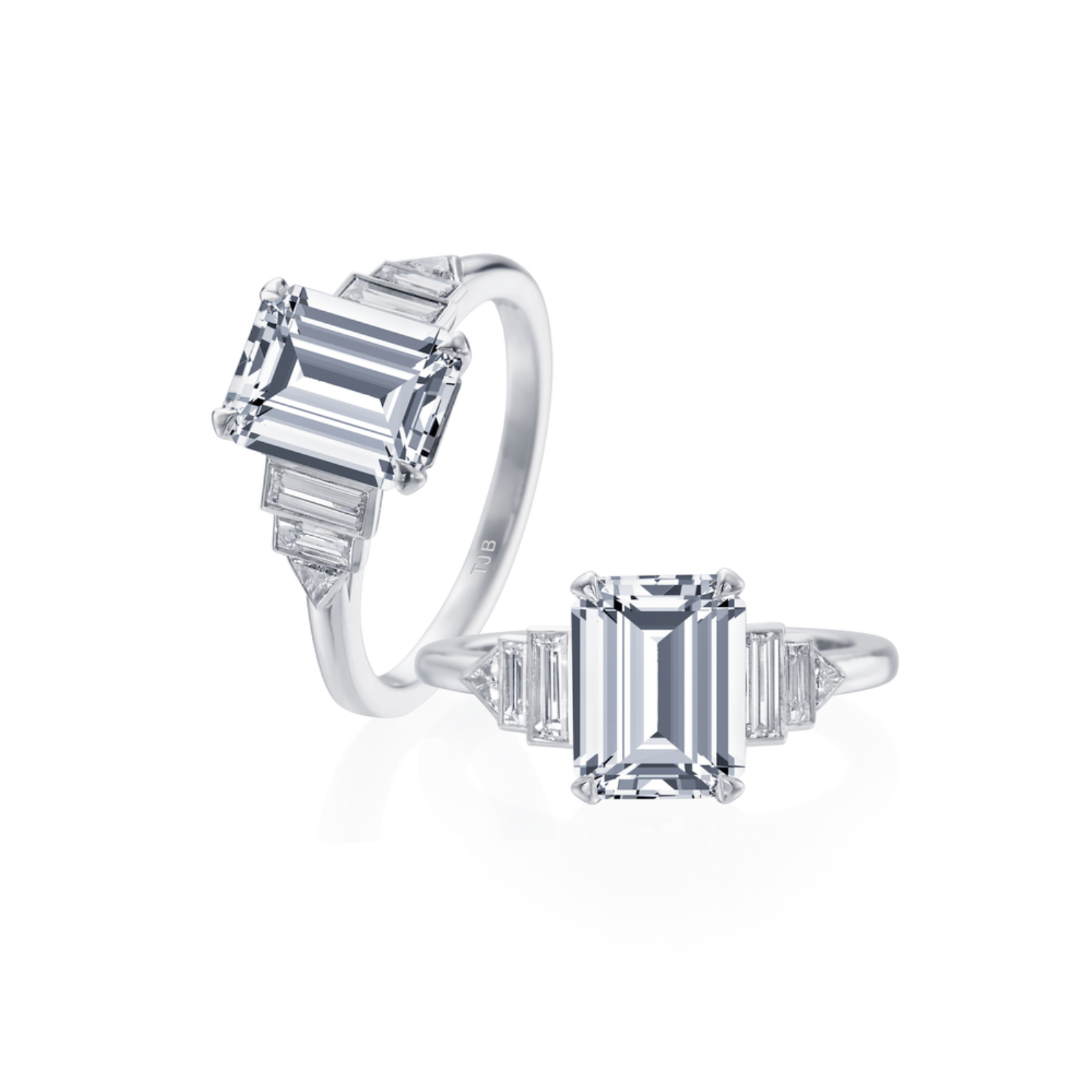 Platinum and Diamond Emerald Cut Engagement Ring Mounting