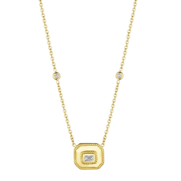 Gold and Diamond Small Emerald Shape Pendant Necklace.