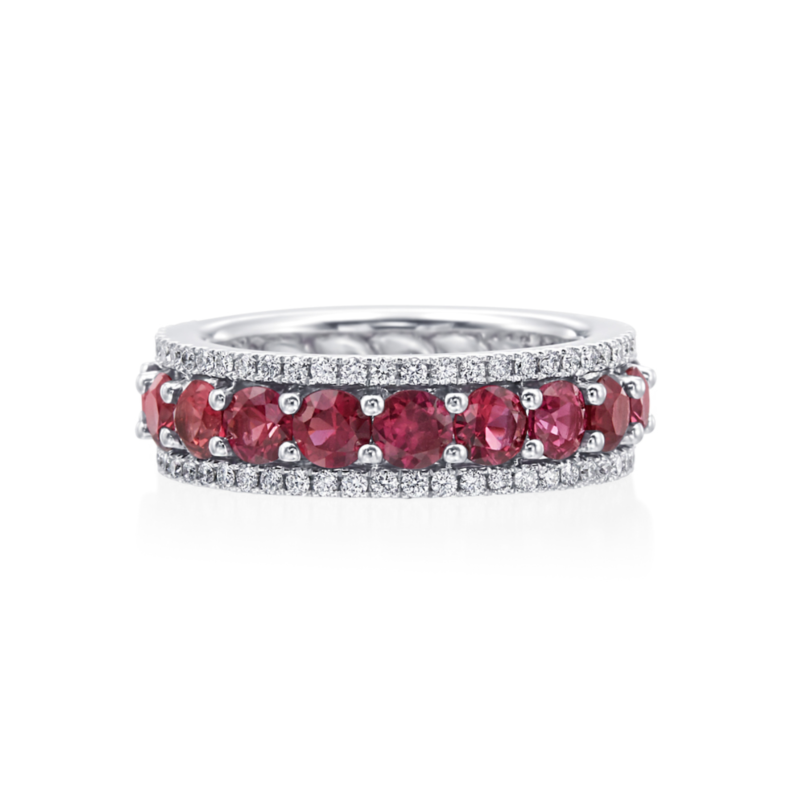 White Gold Ruby and Diamond Three Row Wide Band