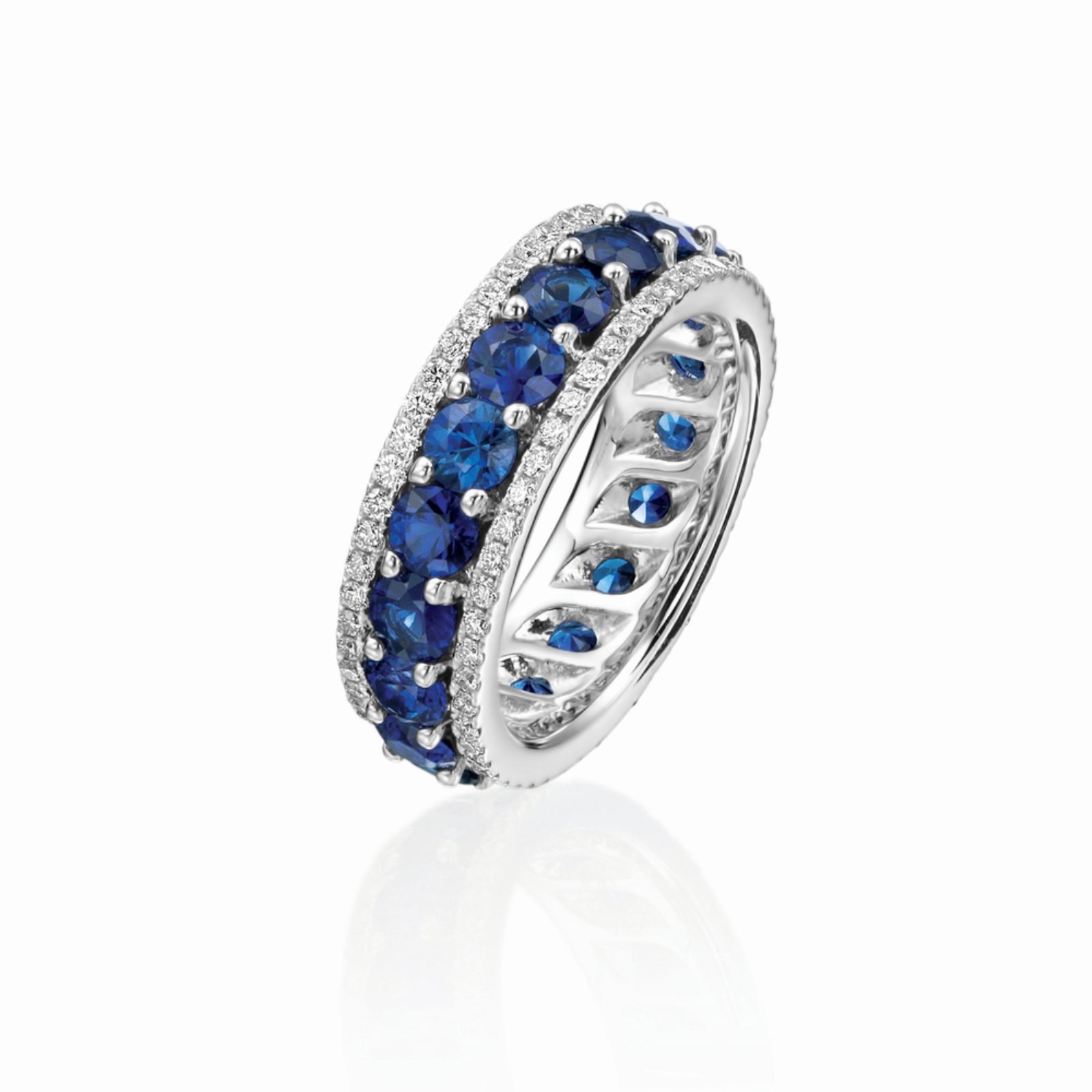 White Gold Sapphire and Diamond Three Row Eternity Band Ring