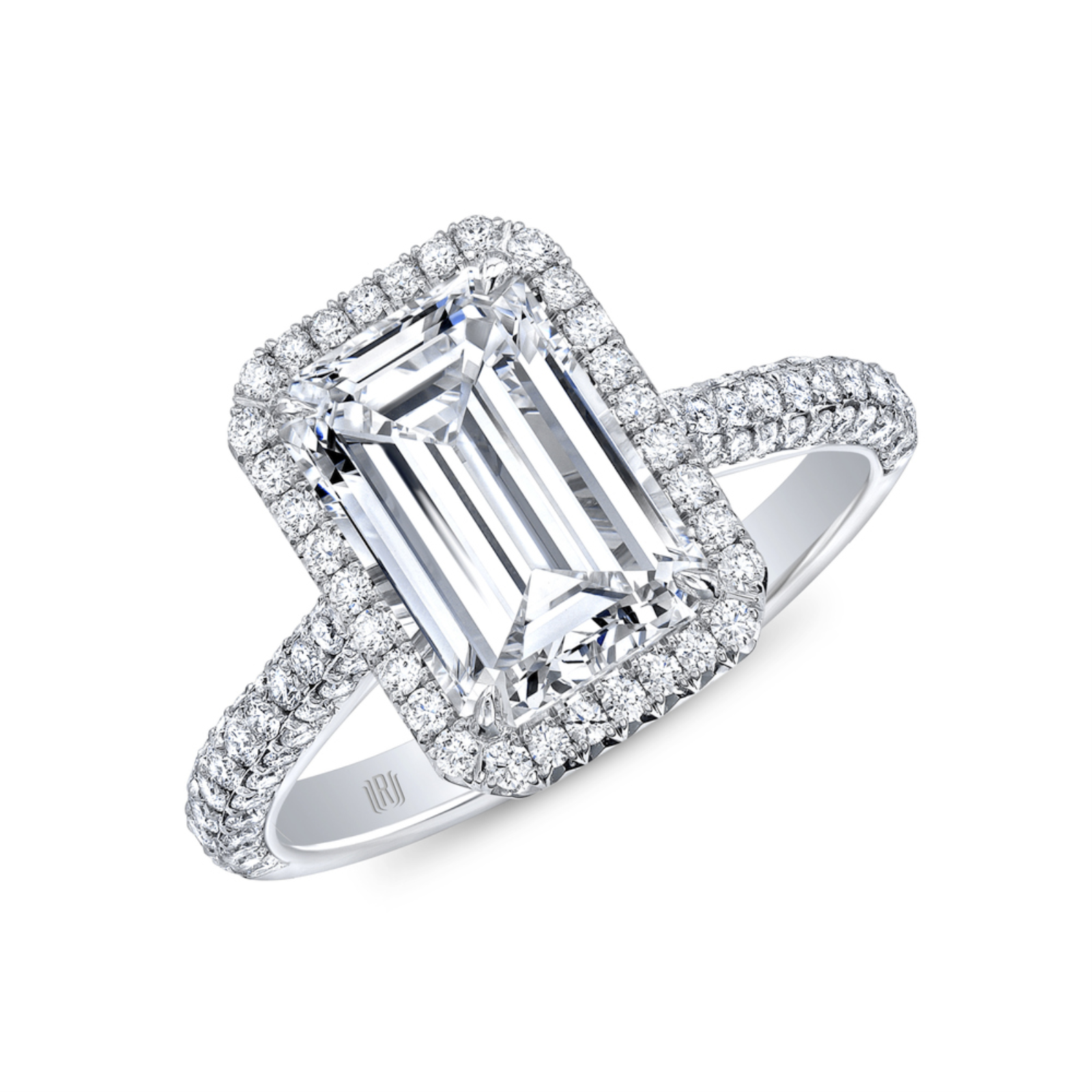 Platinum and Diamond Emerald Cut Halo Ring