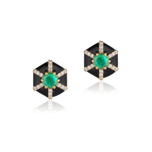 Hexagon Emerald & Black Enamel Stud Earrings with Diamonds