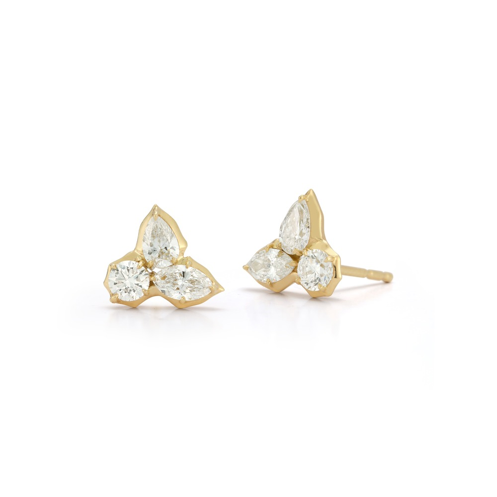 Gold and Trio Diamond Poppy Stud Earrings