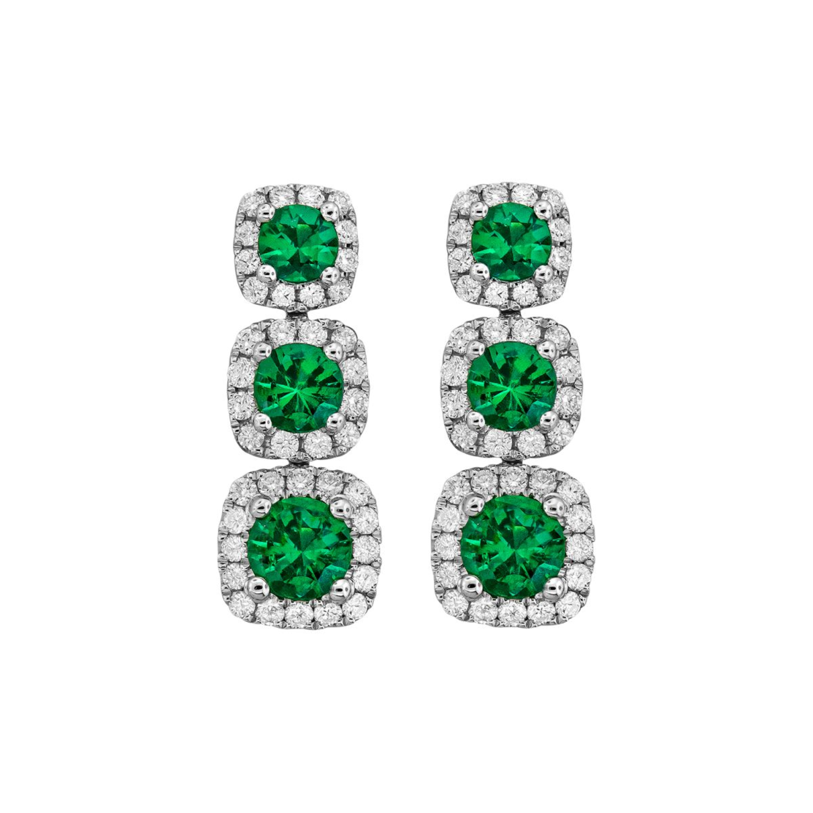 White Gold Emerald and Diamond Halo Drop Earrings