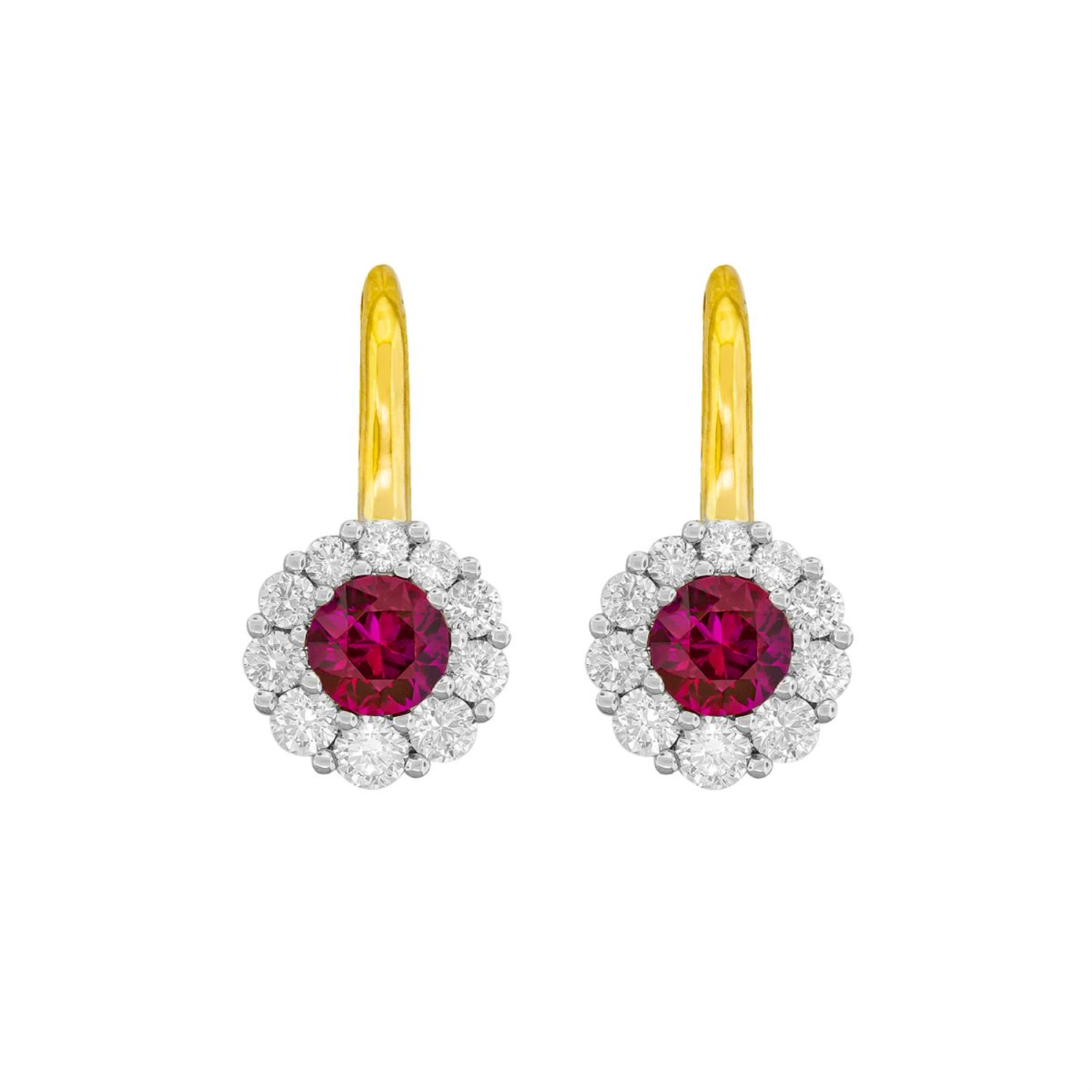 Gold Ruby and Diamond Halo Drop Earrings