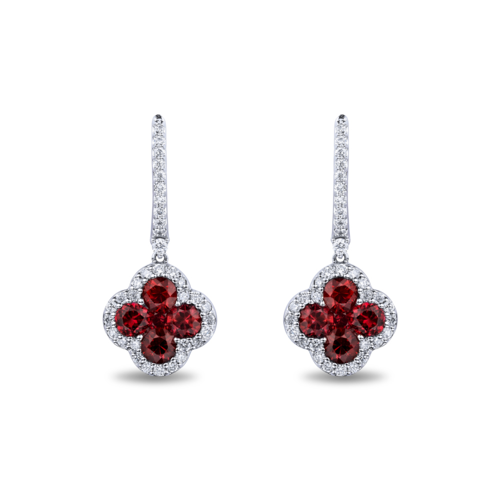 White Gold Ruby and Diamond Halo Drop Earrings