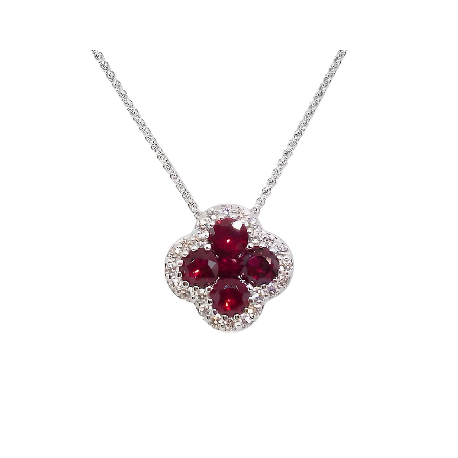 White Gold Ruby and Diamond Halo Necklace