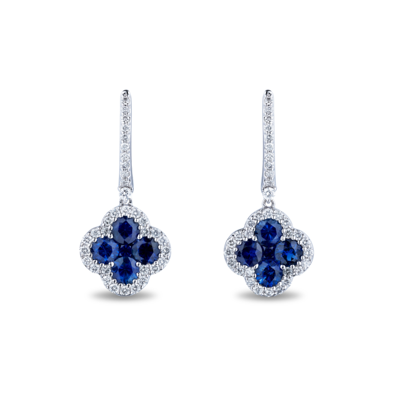 White Gold Sapphire and Diamond Halo Drop Earrings