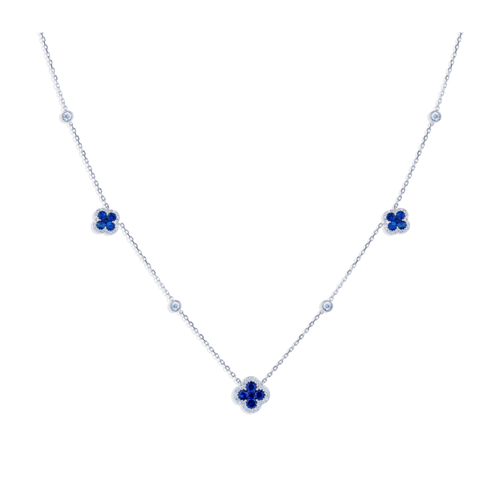 White Gold Sapphire and Diamond Station Necklace