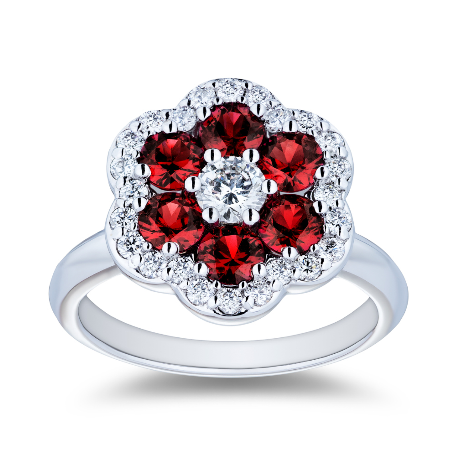 White Gold Ruby and Diamond Halo Ring