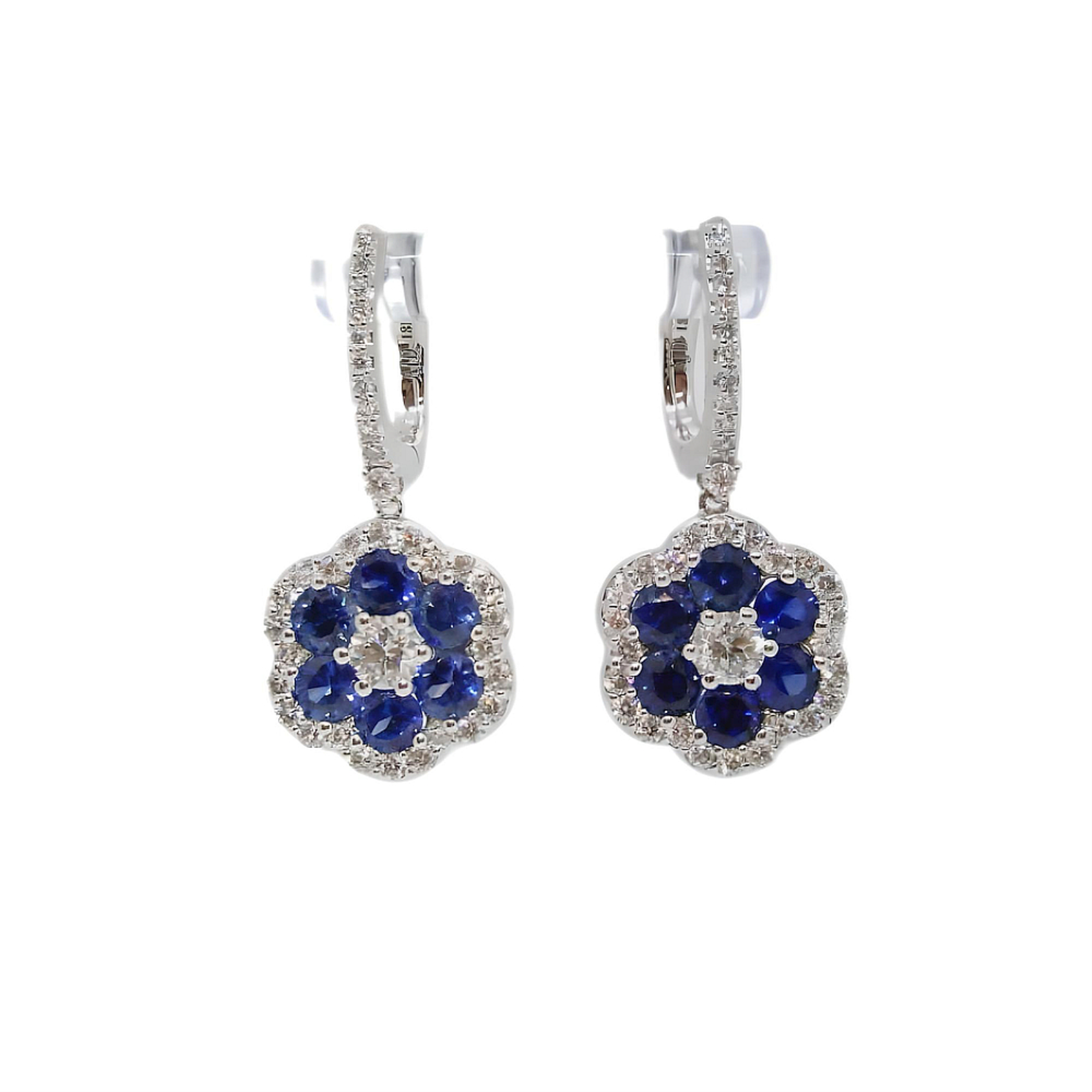 White Gold Sapphire and Diamond Halo Drop Earrings