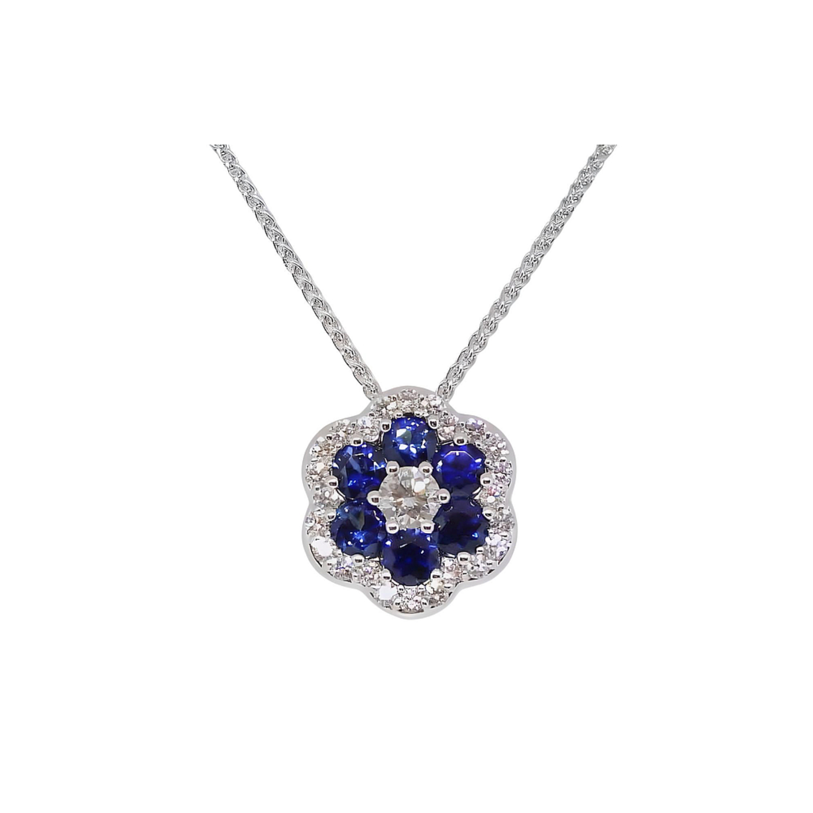 White Gold Sapphire and Diamond Halo Necklace