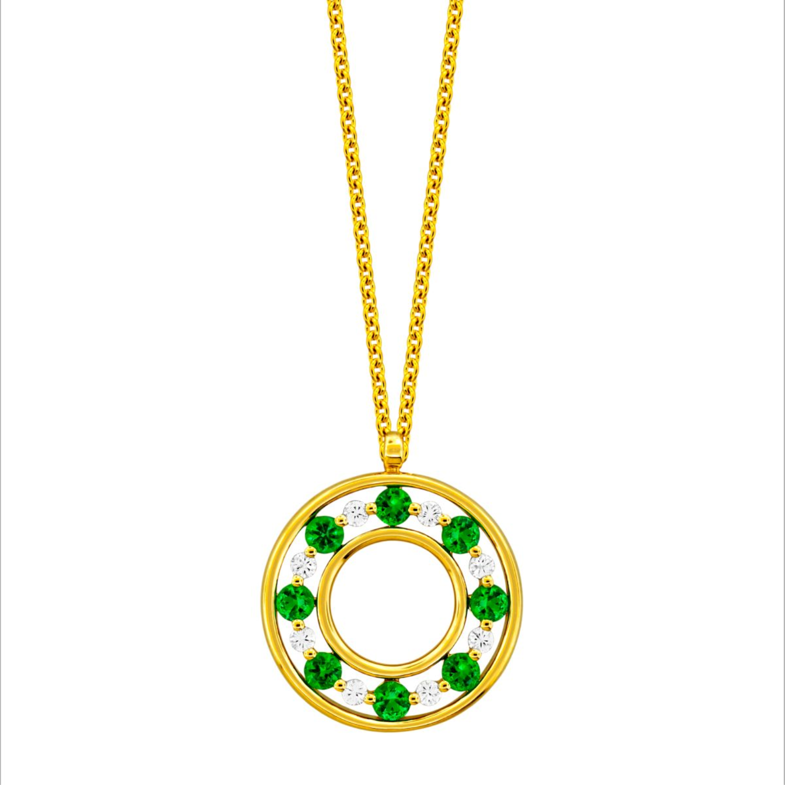 Gold Emerald and Diamond Circle Necklace