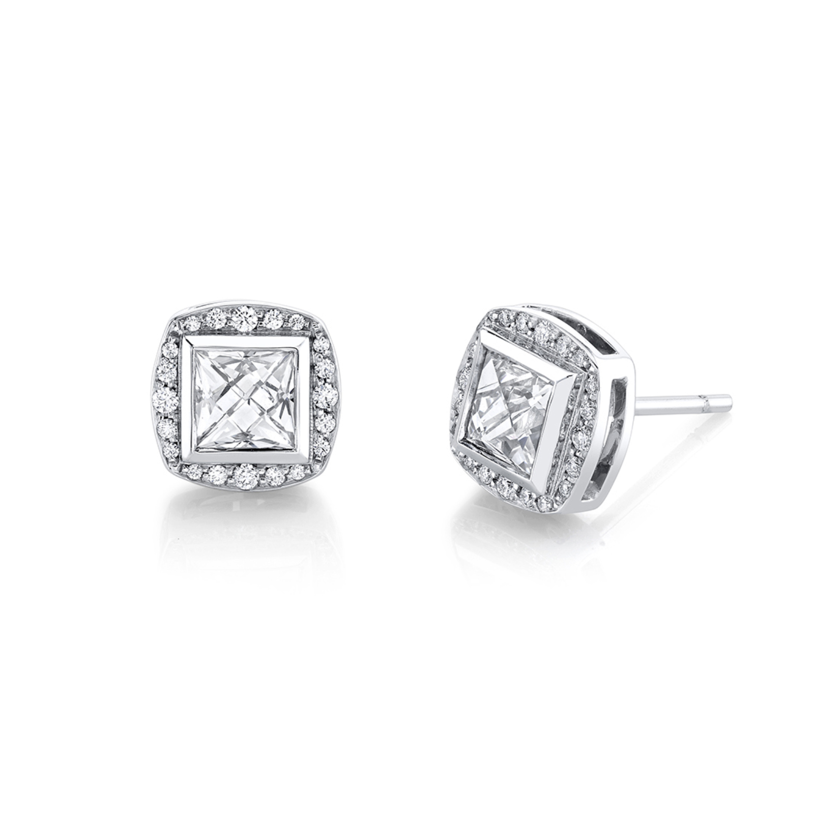 Platinum and Diamond Square French Cut Stud Earrings