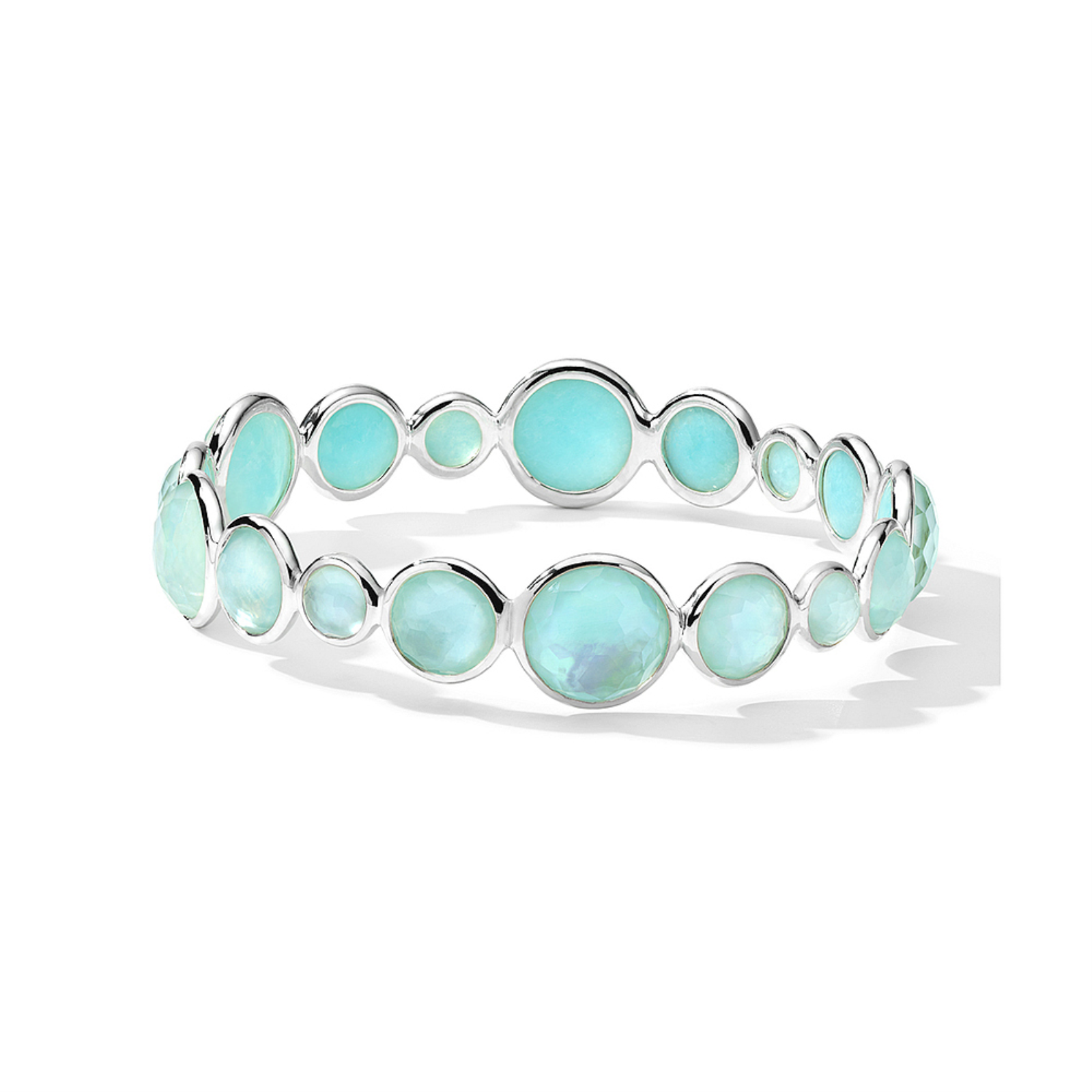 Sterling Silver Bangle Bracelet with Rock Crystal, Mother-of-Pearl and Amazonite Triplet