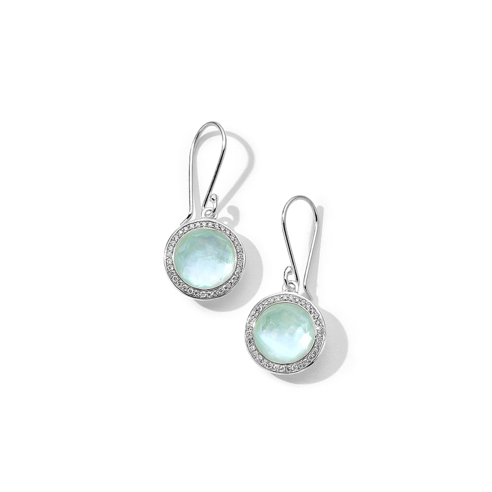 Silver Rock Crystal, Mother-of-Pearl, and Amazonite Doublet Drop Earrings