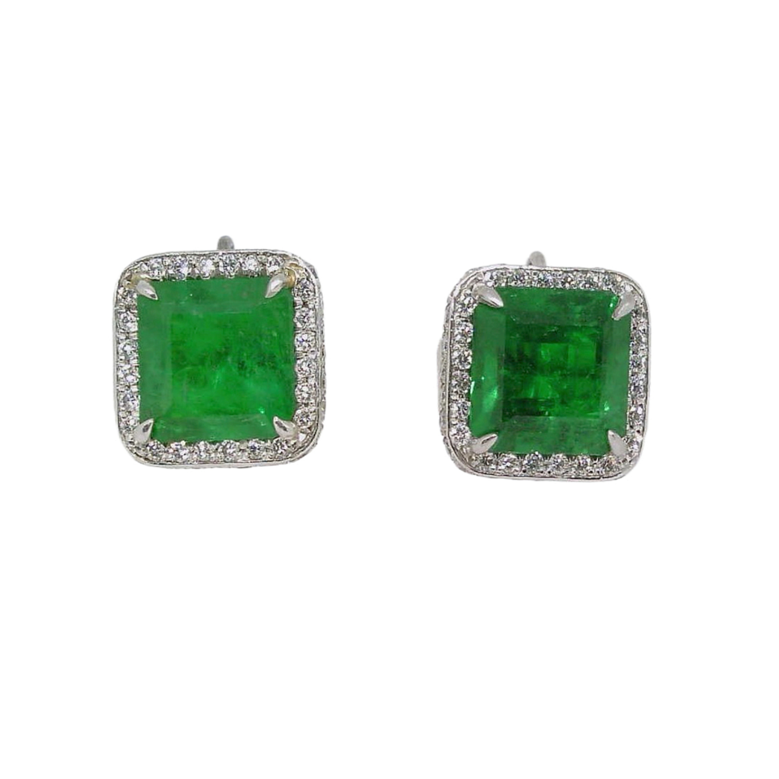 Platinum Emerald and Diamond Halo Stud Earrings