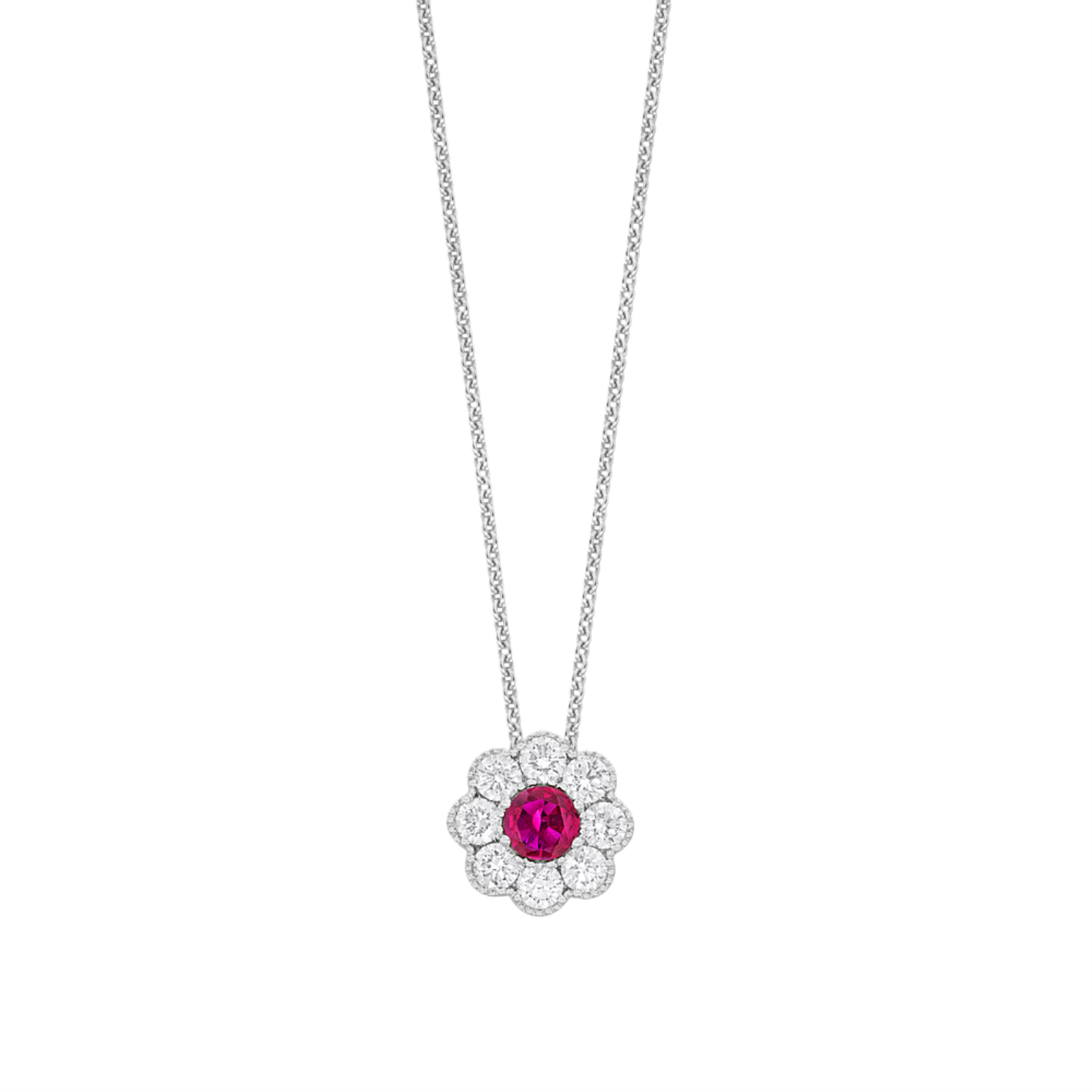 White Gold Ruby and Diamond Flower Necklace