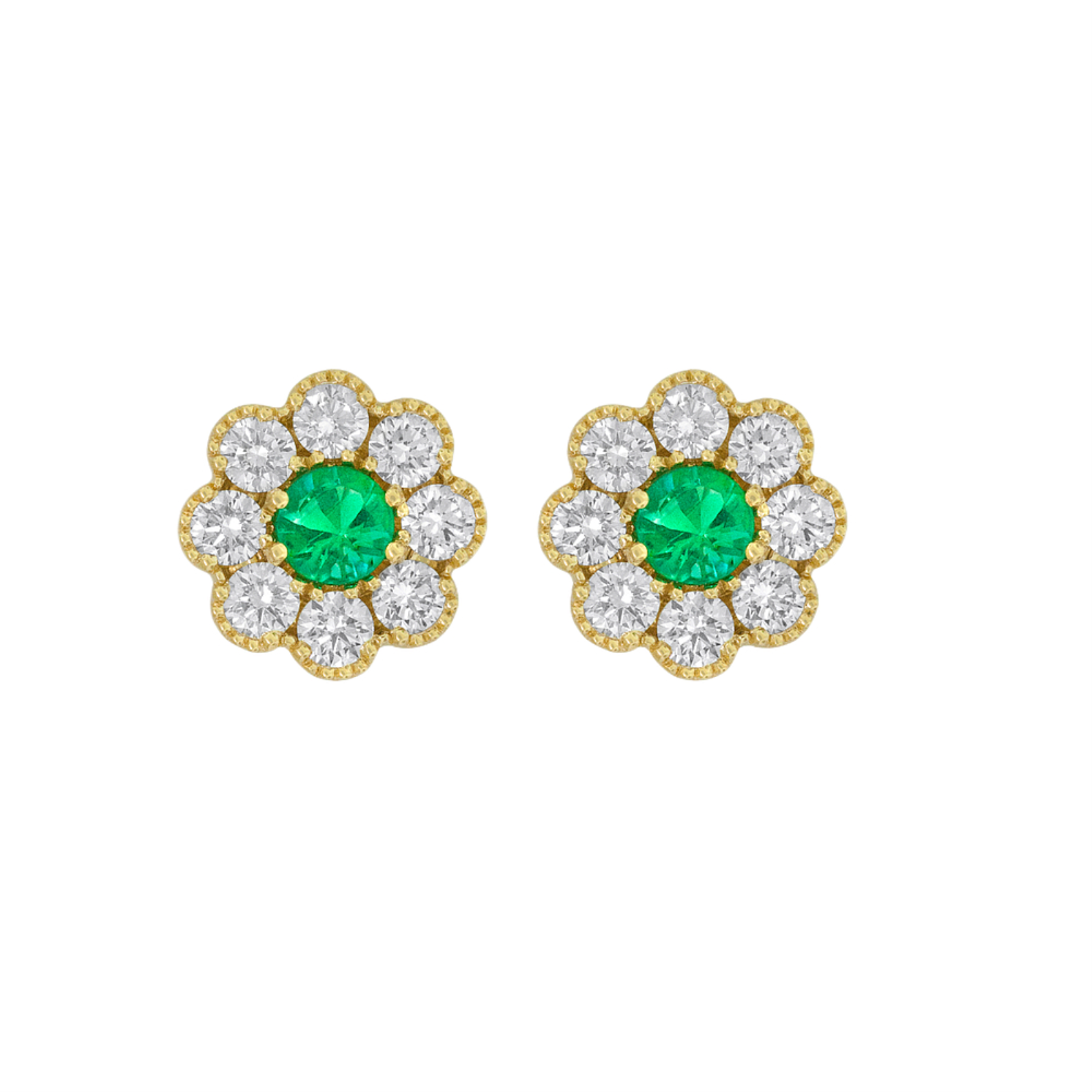 Gold Emerald and Diamond Flower Stud Earrings
