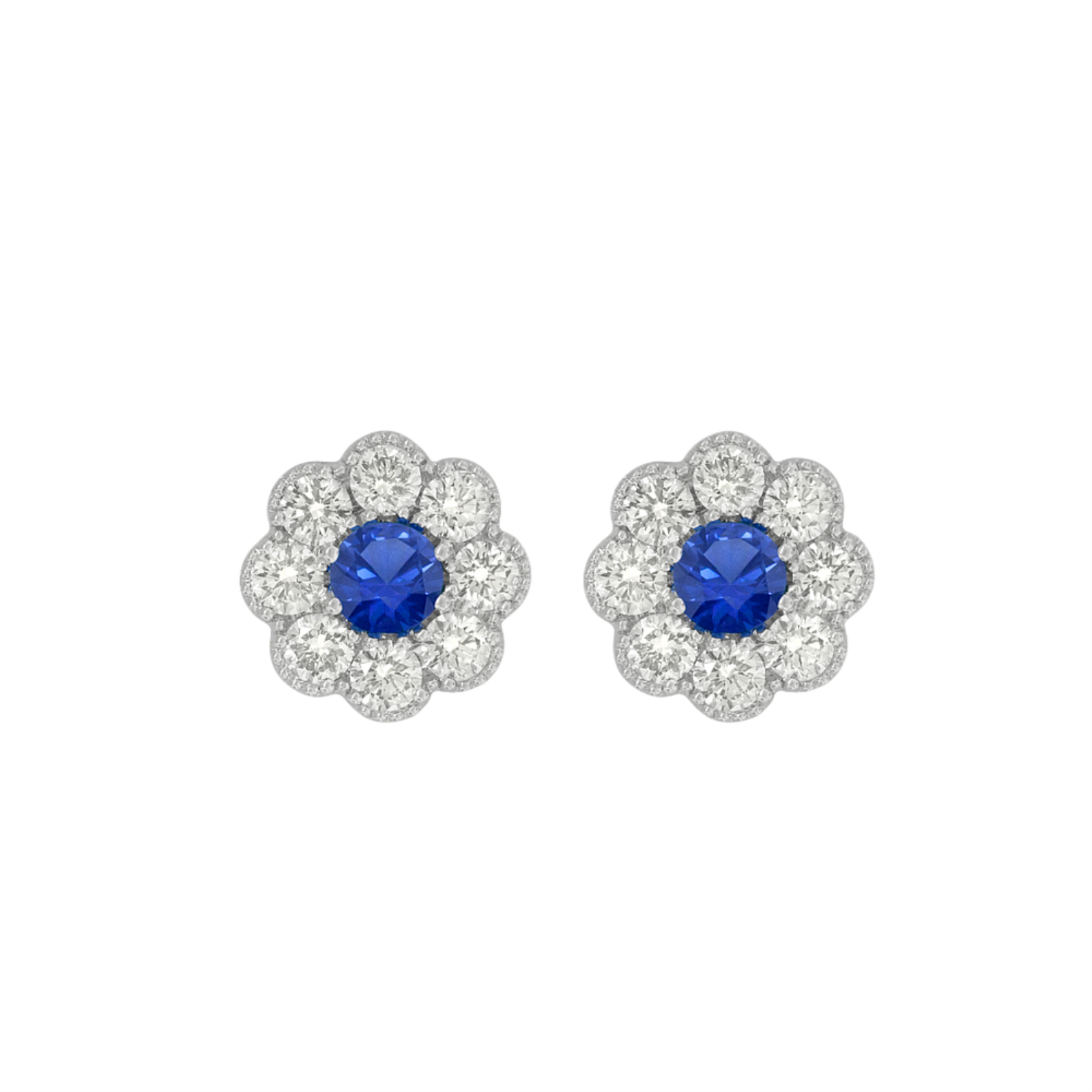 White Gold Sapphire and Diamond Flower Stud Earrings