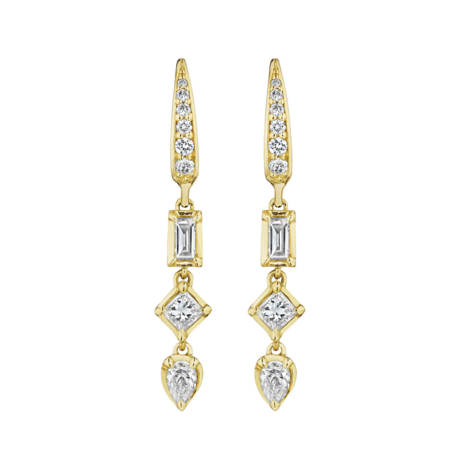 18K Yellow Gold Trio Drop Earrings With Emerald Cut, Princess, And Pear Diamonds designed by Penny Preville.