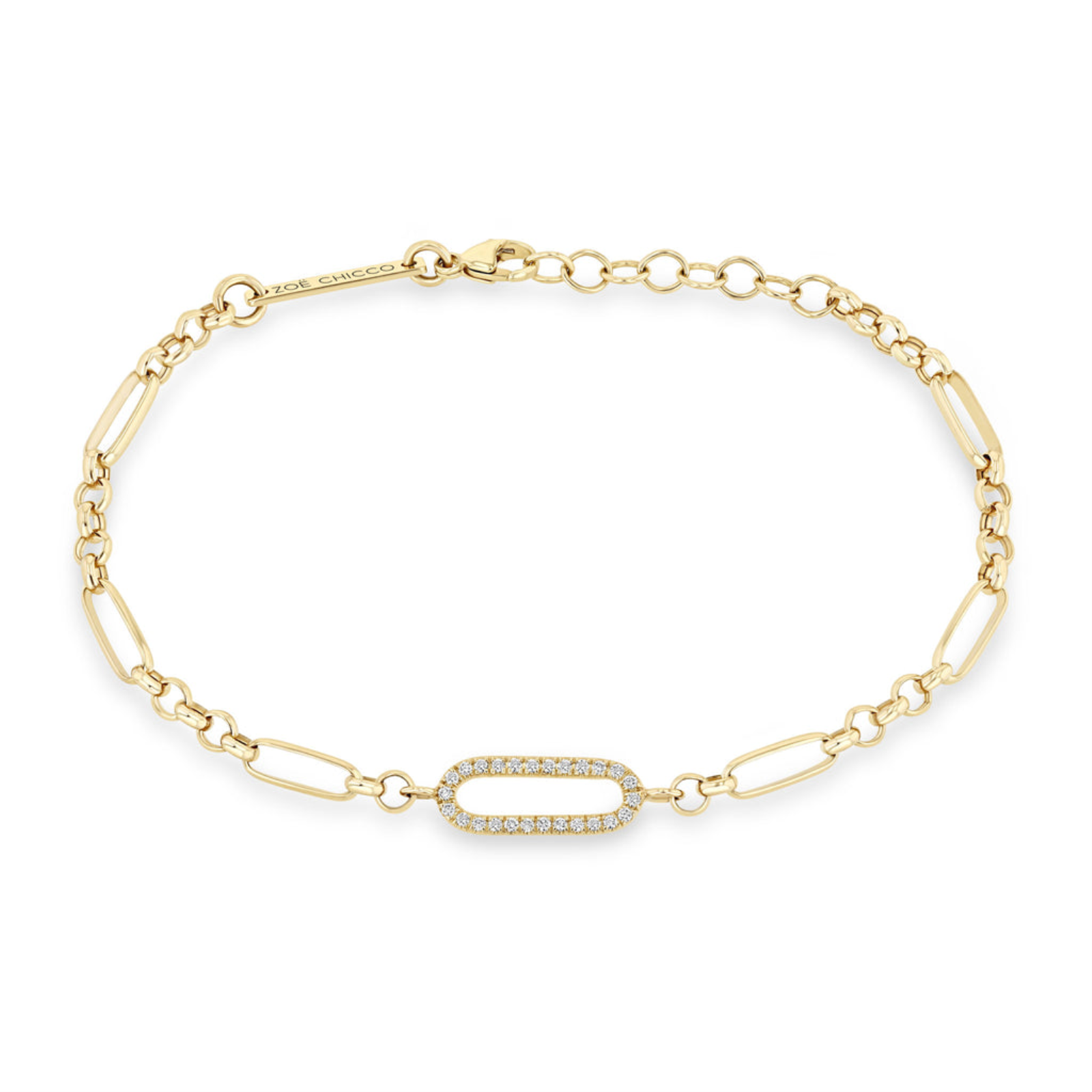 SINGLE PAVE DIAMOND LINK MEDIUM PAPERCLIP ROLO CHAIN BRACELET