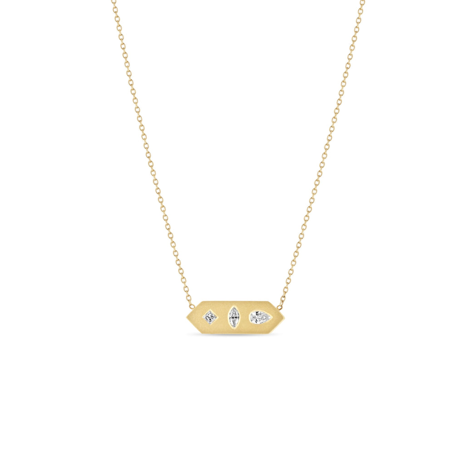 DIAMOND MOSAIC BRUSHED GOLD HORIZONTAL HEXAGON TAG NECKLACE