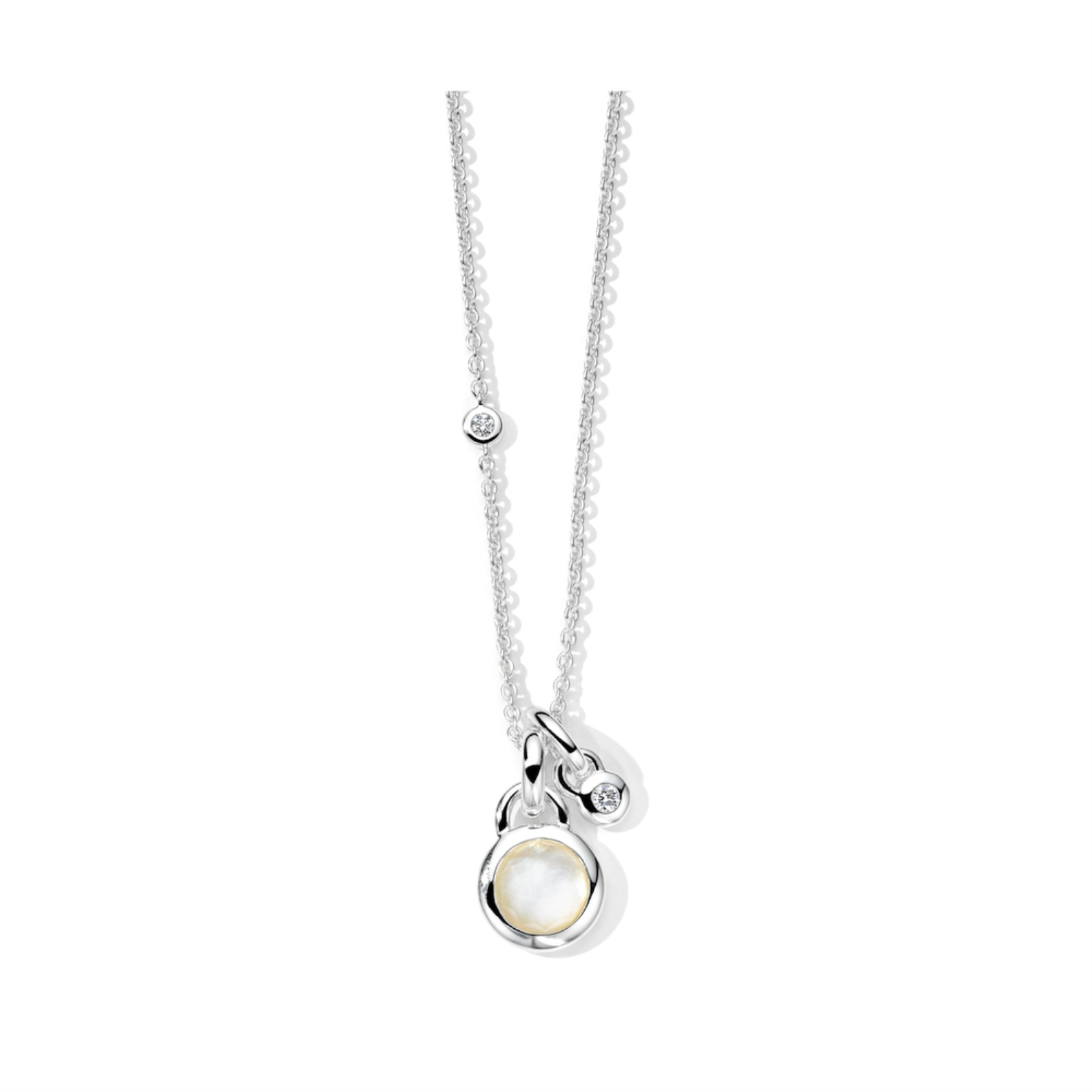 Sterling Silver Mother of Pearl and Rock Crystal and Diamond Long Round Lolli Necklace