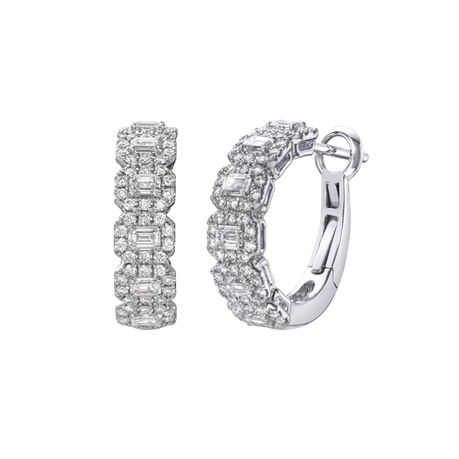 Emerald Cut Halo Hoop Earrings