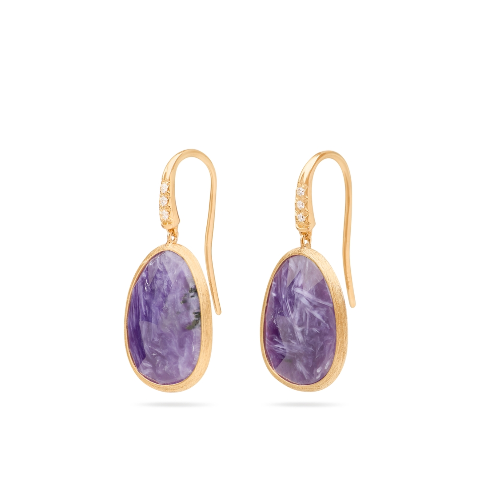 Lunaria Yellow Gold Drop Earrings with Charoite and Diamond Accent