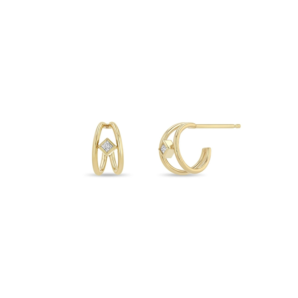 Yellow Gold Double Wire Diamond Huggie Earrings