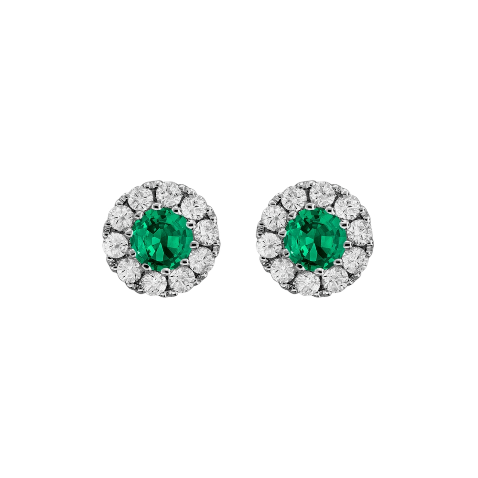 White Gold Emerald and Diamond Halo Stud Earrings