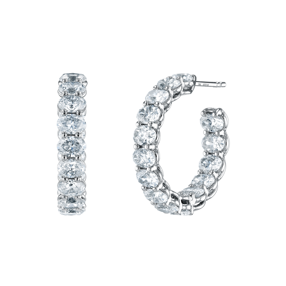 White Gold and Diamond Oval Cut Hoop Earrings