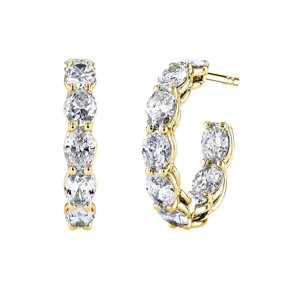 Yellow Gold and Diamond Oval Cut Hoop Earrings