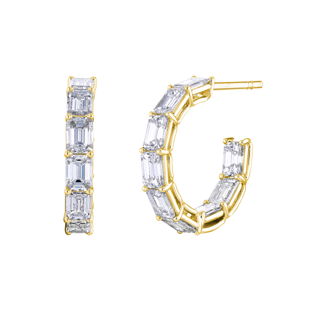 Yellow Gold and Diamond Emerald Cut Hoop Earrings