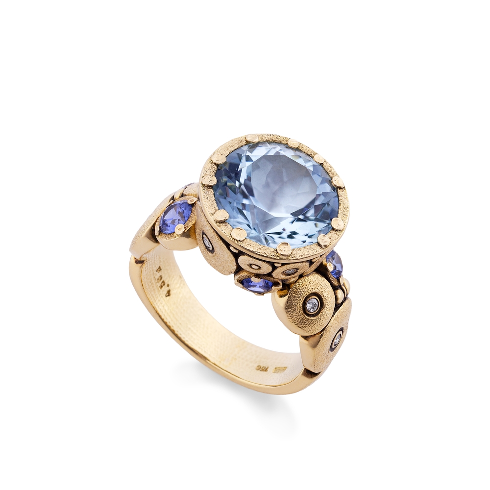 Gold Aquamarine and Sapphire Bezel Ring