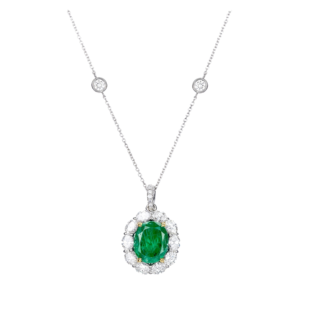 Emerald and Diamond Halo Necklace