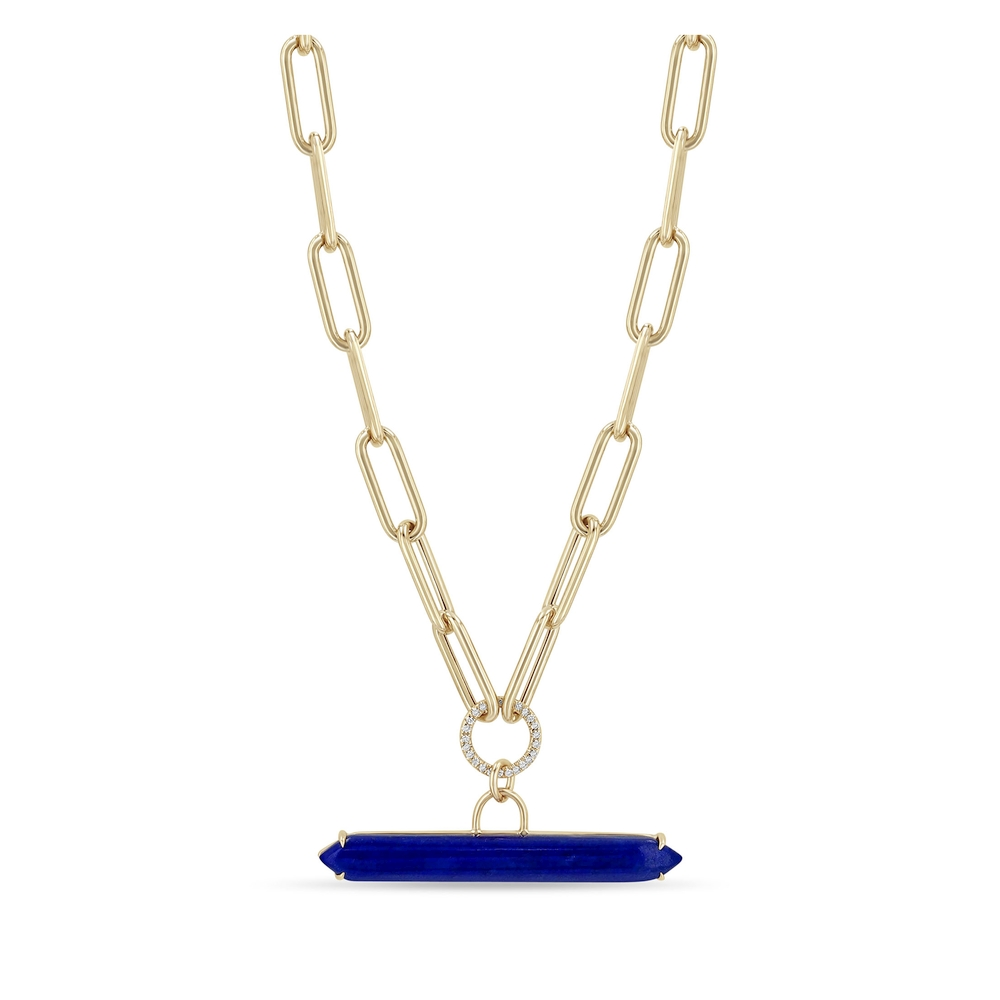 Lapis Bar & Pavé Diamond Circle Large Paperclip Chain Necklace