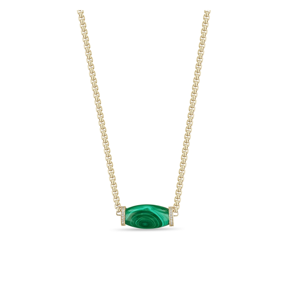 Diamond Malachite Barrel Bead Medium Box Chain Necklace