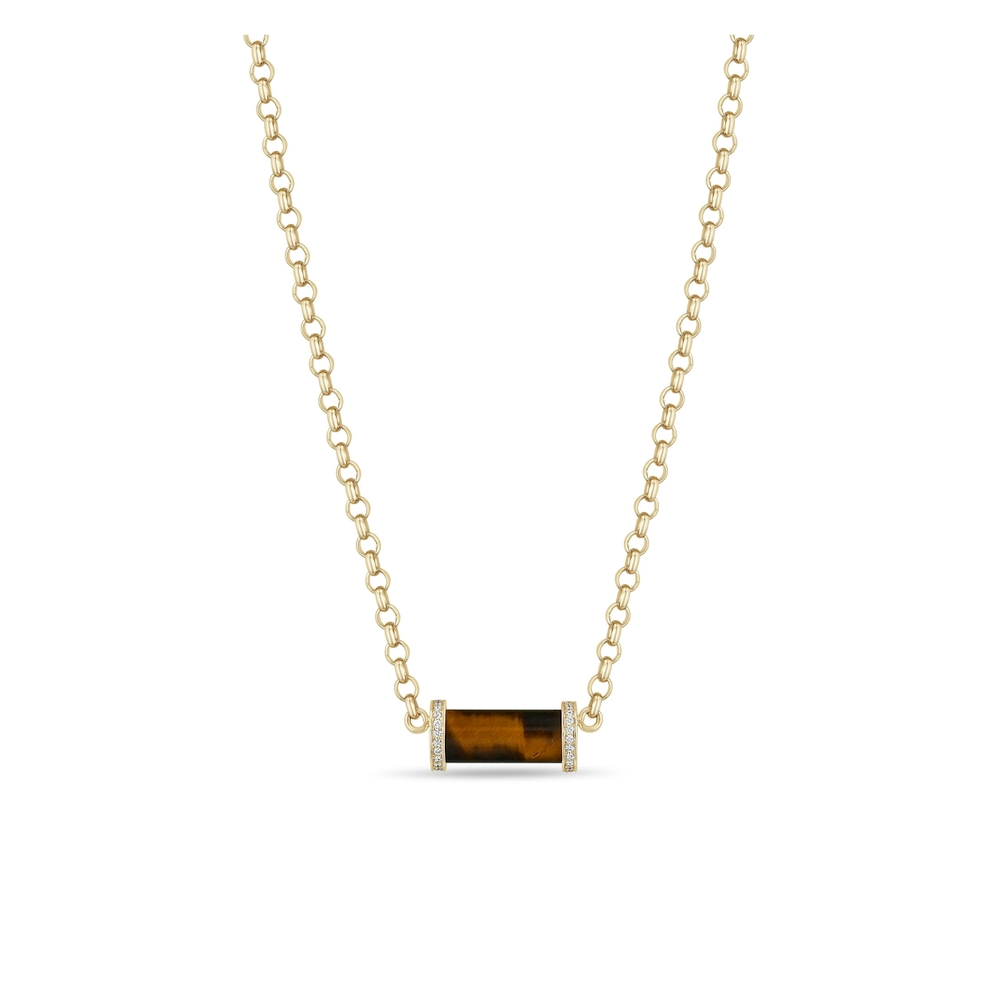 Diamond Tiger Eye Tube Medium Rolo Chain Necklace