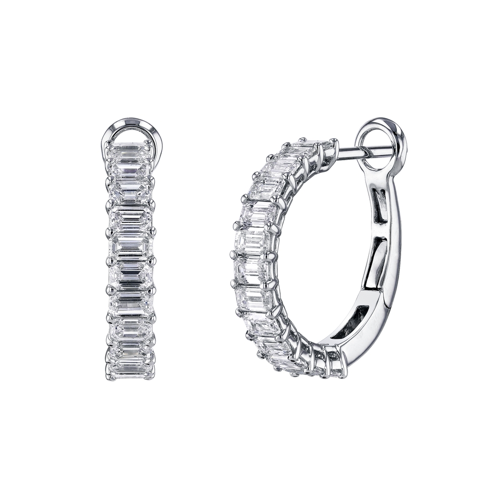 White Gold and Diamond Emerald Cut Hoop Earrings