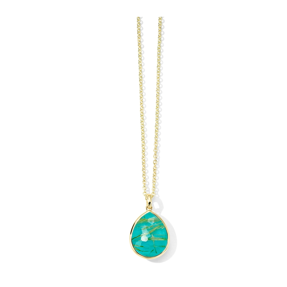Yellow Gold Rutilated Quartz and Turquoise Medium Teardrop Necklace