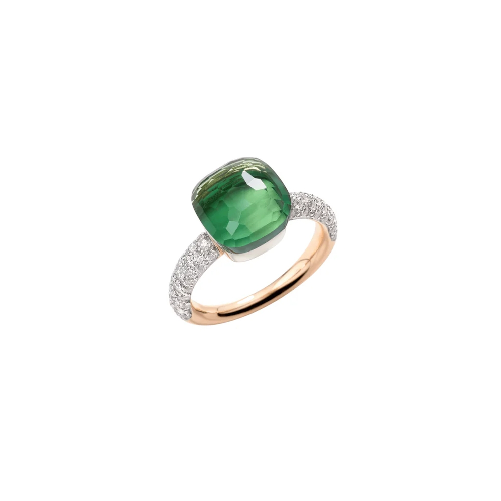 Rose/White Gold Prasiolite and Green Agate and Diamond Nudo Classic Ring
